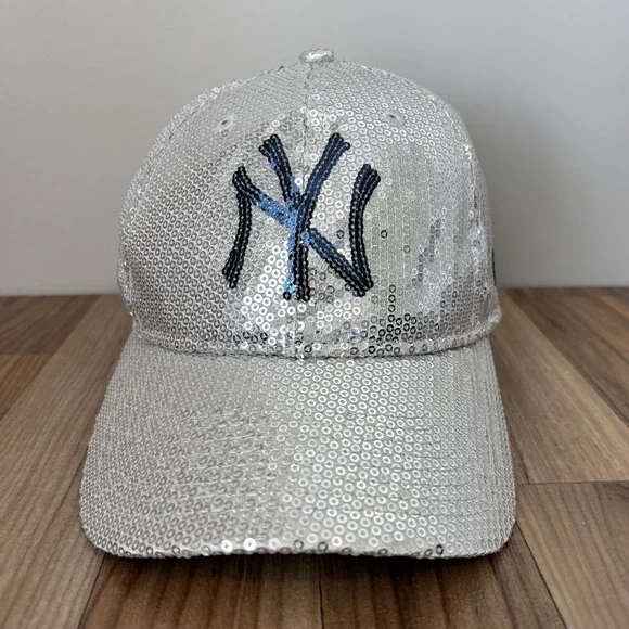 RARE NEW YORK YANKEES Victoria's Secret PINK MLB Hat Sequin Silver Navy Sparkle - Picture 1 of 11